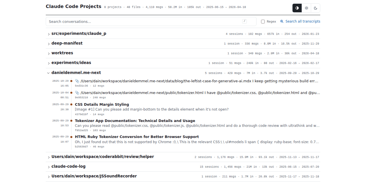 The project index in the minimal theme: one line per project with dim metadata, one project opened to its sessions