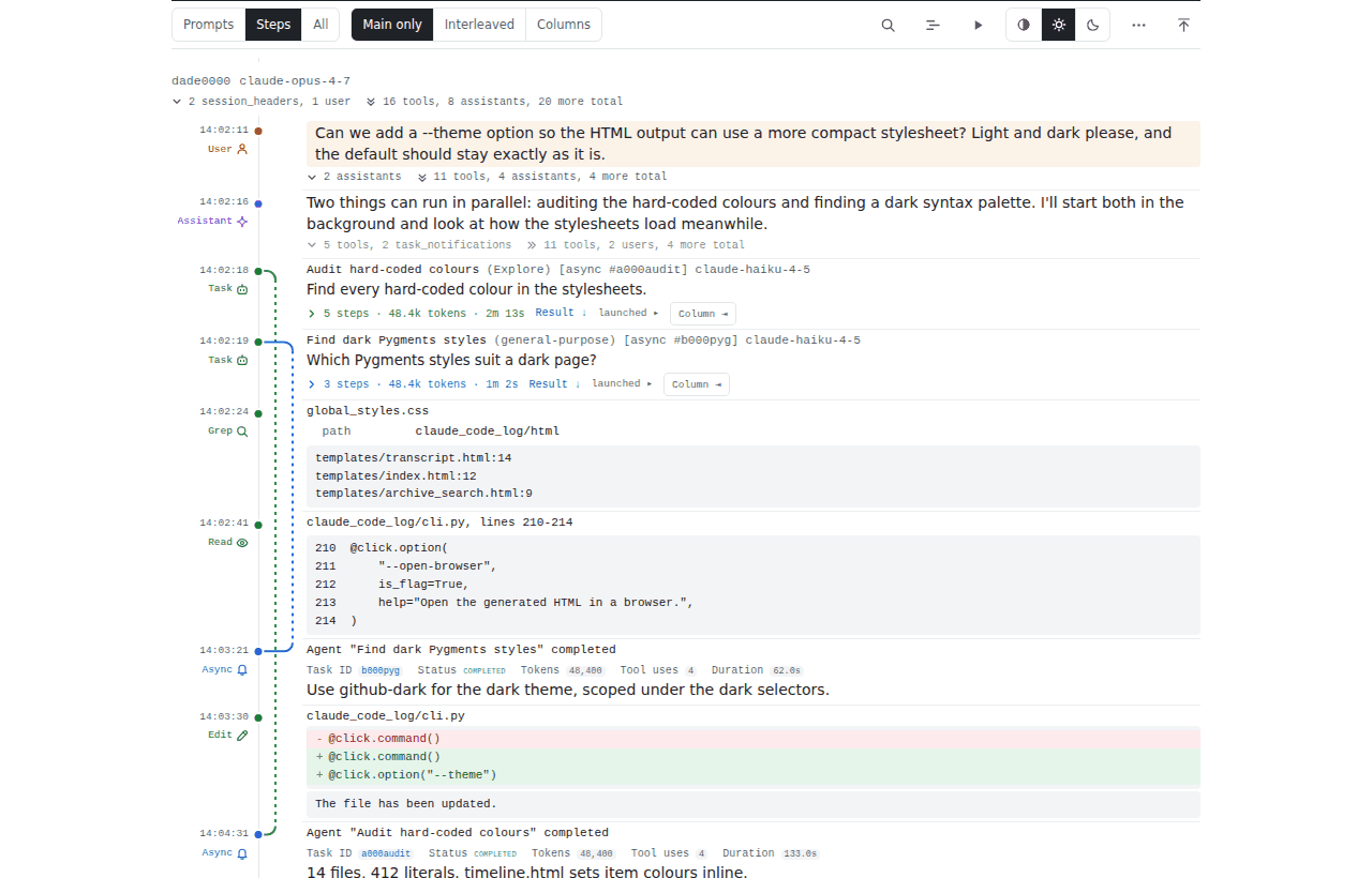 The minimal theme in "Main only" mode: a prompt, the assistant's reply and two background agents folded to one line each, with dashed lanes on the rail