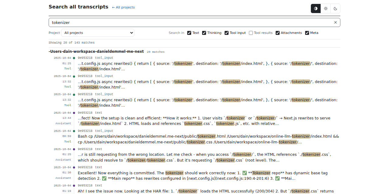 Archive search results in the minimal theme: rows with a date and role gutter, grouped by project